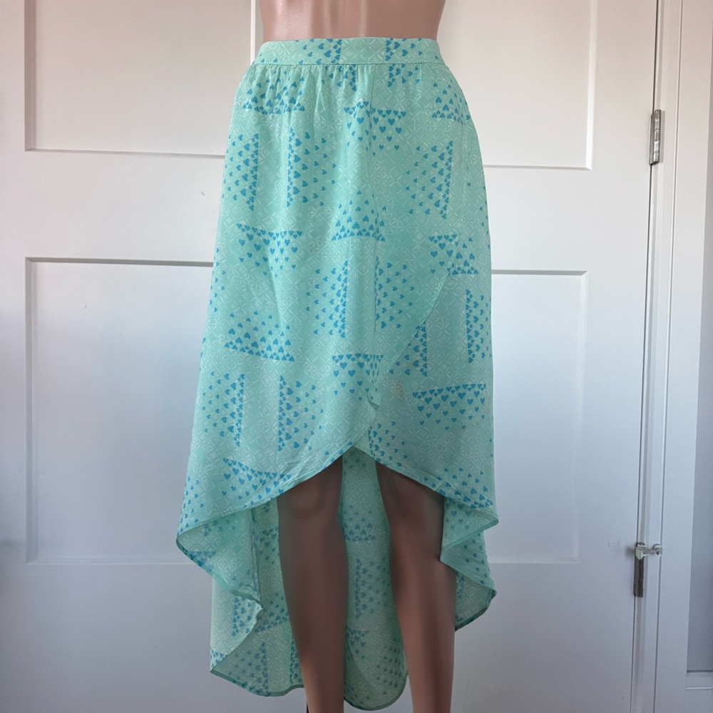 Hollister Light Green Sea Moss Blue Hearts High Hi Low Maxi Skirt Small S